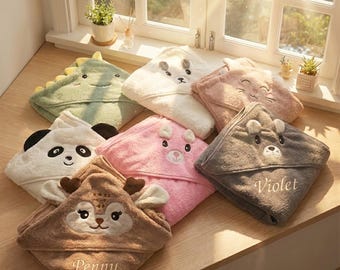 Personalized Baby Hooded Towel with Name, Custom  Animal Bath Towel, Soft Absorbent Coral Fleece, Unique Baby Shower Gift for Newborn