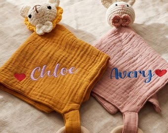 Custom Name Crochet Animal Lovey, Personalized Baby Security Blanket, Rabbit comfort towel,Lion Crochet comfort towel