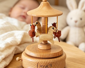 Caja de música de madera personalizada con forma de carrusel, caja de música con nombre grabado, regalo para baby shower, recuerdo para recién nacido, regalo de cumpleaños para niño y niña.