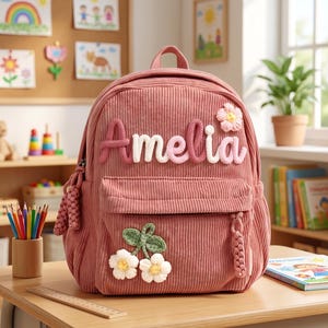 Puede incluir: Una mochila de pana color rosa empolvado con el nombre Amelia en letras de hilo en relieve, en tonos rosa y blanco. La mochila incluye un asa superior, un bolsillo frontal con cremallera y aplicaciones decorativas de flores blancas.