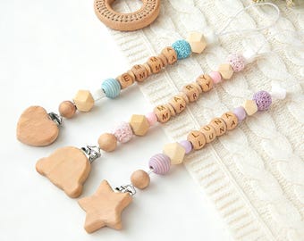 Personalized Pacifier Clip for Baby Boy & Girl, Custom Wooden Dummy Chain, Handmade Baby Name Soother holder, Newborn Gifts, Baby Shower