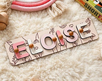 Rompecabezas personalizado con el nombre del bebé, rompecabezas de flores para bebé, rompecabezas de madera personalizado, regalo para niña de primer cumpleaños, decoración para la habitación del bebé, juguete Montessori.