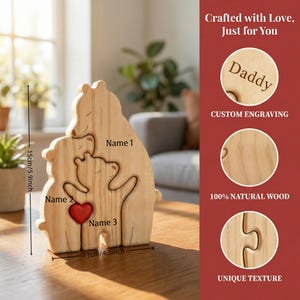 May include: A light-colored wooden bear family puzzle featuring three interlocking bear figures and a small red heart. The text "Name 1", "Name 2", and "Name 3" are visible. A measurement indicator shows a height of 5.9 inches and a width of 4.3 inches.