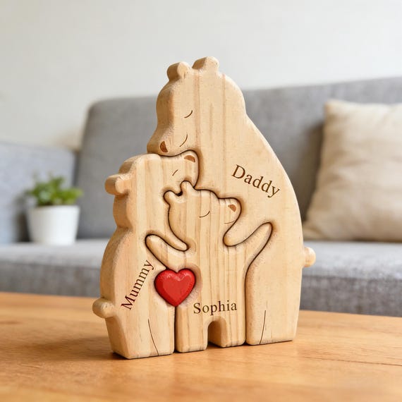 Personalized Wooden Bear Family Puzzle, Custom Engraved Name Animal Decor, New Dad Gift, Father's Day Gift, Nursery Decor, Baby Shower