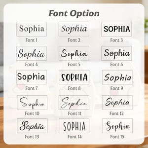 May include: A white rectangular chart titled Font Option displaying fifteen distinct black font styles for the name Sophia, numbered 1 through 15. Each font is presented within a rectangular box, showcasing various serif, sans-serif, and script typefaces.