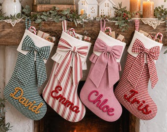 Personalized Christmas Stocking with Bow, Custom Embroidered Name Stocking, Cozy Mantel Decor, Holiday Gift for Family, Xmas Stocking 2026