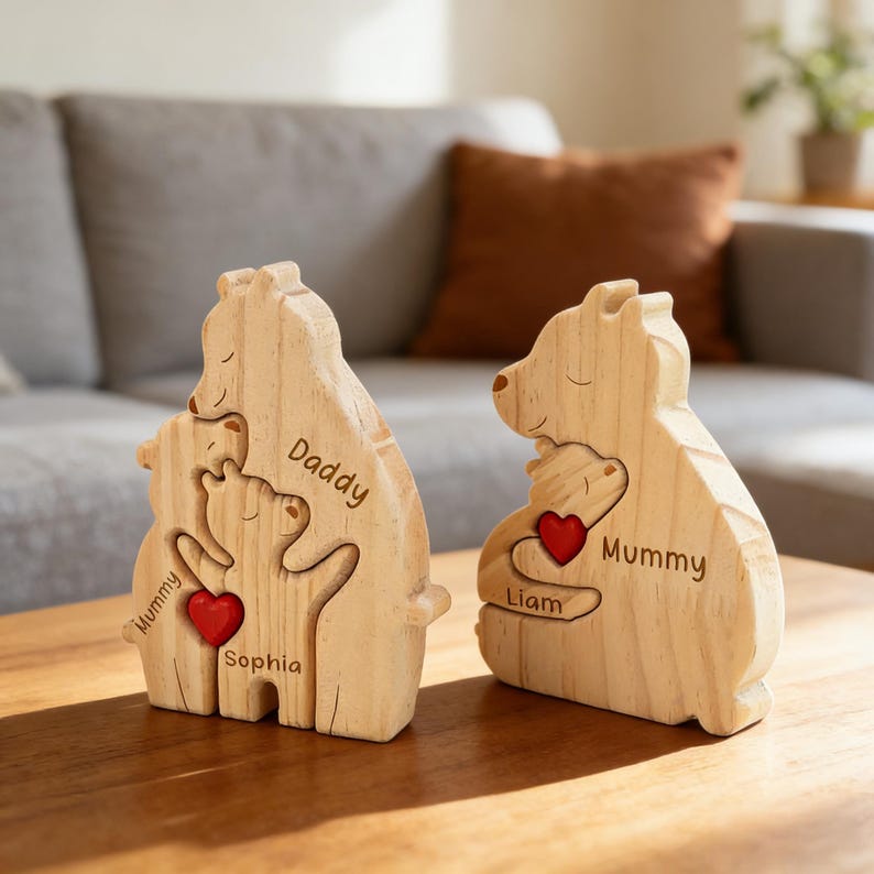 May include: Two light-colored wooden bear-shaped puzzle sculptures. The left bear features the engraved names Mummy, Daddy, and Sophia with a small red heart. The right bear features the engraved names Mummy and Liam with a small red heart.