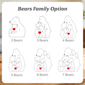 May include: A graphic titled Bears Family Option displaying six variations of bear groupings labeled 2 Bears through 7 Bears. Each grouping features white bear outlines with black numbering and a small red heart icon on one bear in each set.