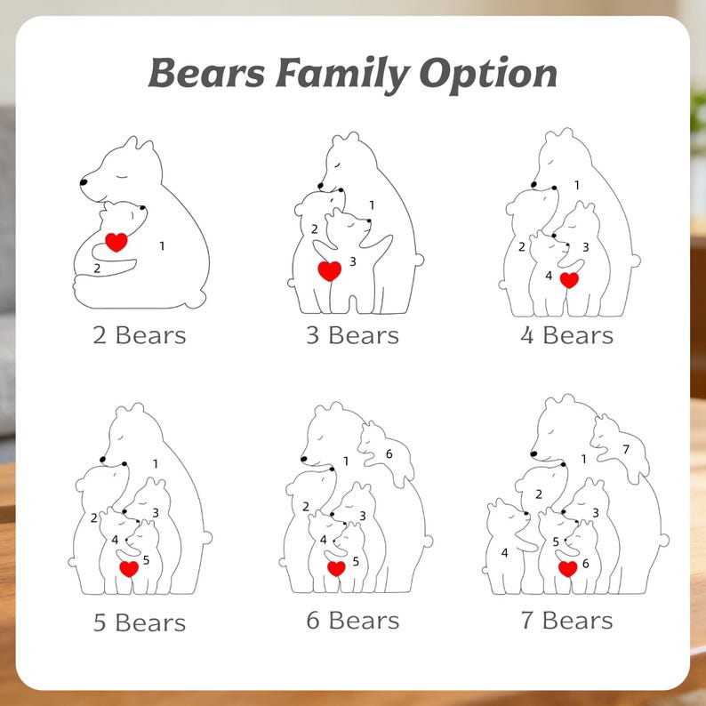 May include: A graphic titled Bears Family Option displaying six variations of bear groupings labeled 2 Bears through 7 Bears. Each grouping features white bear outlines with black numbering and a small red heart icon on one bear in each set.