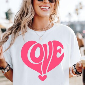 LOVE Heart Shape Retro Groovy Pink Typography PNG, 60s 70s Psychedelic Lettering, Valentine’s Day Digital Art, Transparent Background