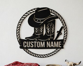 Custom Cowboy Metal Sign, Western Boots Hat Art, Rustic Ranch Wall Decor, Farmhouse Hanging, Country Gift