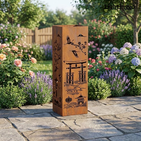 japanese ガラス飾り台 ポストモダン mid-century Custom Torii Gate Metal Garden Column, Zen Japanese Pillar