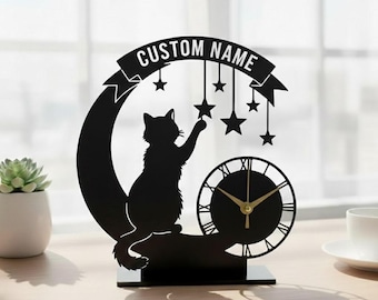 Personalized Cat Metal Desk Clock, Custom Moon Stars Decor, Cat Lover Gift, Cat Mom Gift, Kitten Table Art, Celestial Cat Gifts