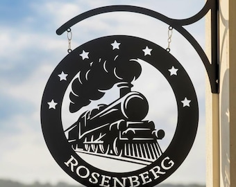 Train Hanging Sign, Custom Railroad Metal Sign, Steam Train Outdoor Sign, Personalized Train Lover Gift