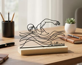 Decoración personalizada para mesas de natación, arte personalizado en alambre con motivos de nadadores, decoración para casetas de piscina, regalo para entrenadores de natación.