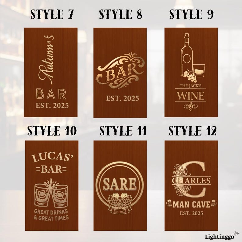 Op de afbeelding: Zes houten borden voor een bar met gouden letters. Elk bord heeft een uniek ontwerp, met teksten als "Autumn's Bar", "Bar Est. 2025" en "Man Cave Est. 2025". De rechthoekige borden hebben een donkerbruine houtnerf.