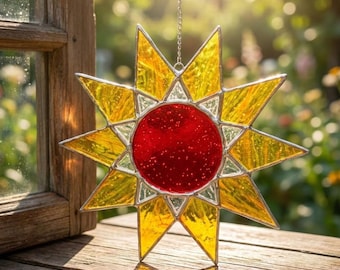 Handmade Sun Stained Glass Suncatcher, Solar Window Hanging, Boho Home Decor Gift