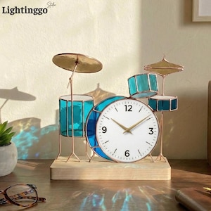 Drum Set Stained Glass Clock, Musician Desk Decor, Drummer Gift for Men, Music Studio Tabletop Art, Handmade Glass Drums