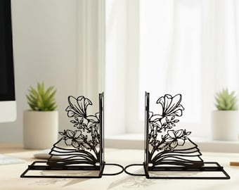 Floral Metal Bookends, Elegant Flower Design Book Holder for Home Library or Office – Minimalist Book Shelf Decor Gift