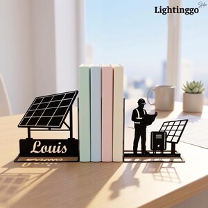 Personalized Solar Engineer Metal Bookend, Solar Panel Bookshelf Decor, Green Energy Book End Gift
