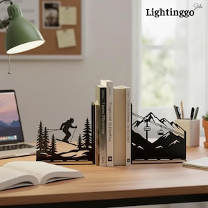 Personalized Skiing Metal Book Stopper, Custom Name Skiing Metal Bookends, Ski Club Decor, Gift for Book Lover or Skier