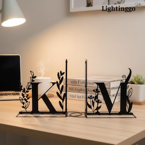 Personalized Floral Letter Sign Bookends, Custom Initial Metal Book Ends for Desk & Home Decor, Book Lover Gifts