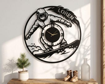 Personalized Snowboarder Metal Wall Clock, Winter Sports Decor, Mountain Cabin Art, Skier Gift