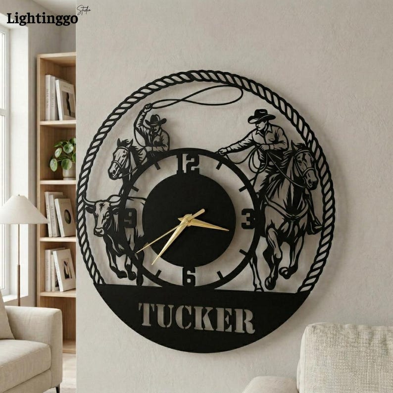 Team Roping Wall Clock Personalized Cowboy Metal Wall Clock, Western Rodeo Horse Decor, Custom ...
