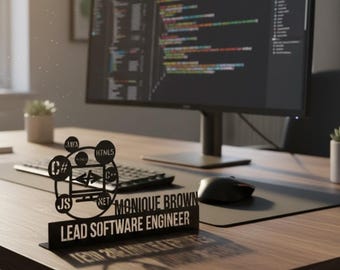 ソフトウェアエンジニア向けのパーソナライズされた金属製デスクネームプレート、カスタムプログラマーオフィスサイン、開発者デスクプレート、コーディングオフィスの装飾