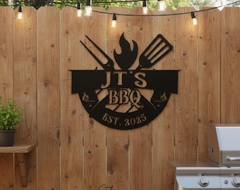 Personlig grillskylt i metall med LED-ljus, anpassad grillskylt i metall med namn, väggkonst för utomhusgrill för uteplats- eller bakgårdsdekor