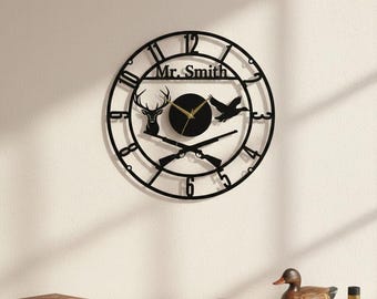 Custom Hunting Metal Wall Clock, Personalized Deer Hunter Wall Art, Cabin Decor, Handmade Hunting Gift, Man Cave Sign, Wildlife Art