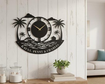 Personalized Beach Wall Clock Metal Sign, Custom Palm Tree Metal Wall Clock, Gift For Housewarming, Tropical Metal Wall Art