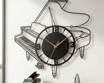 Metalowy zegar ścienny z motywem fortepianu, dekoracja pokoju muzycznego, sztuka ścienna z instrumentem, prezent dla muzyka