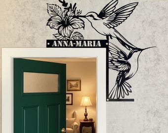 Custom Hummingbird Flower Metal Door Corner Decor, Custom Name Metal Wall Art, Bird Garden Home Decor Gift, Bird Door Hanger