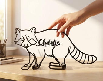 Decoración de escritorio de metal personalizada con mapache, letrero de mesa con arte lineal de animales salvajes, regalo personalizado de mapache