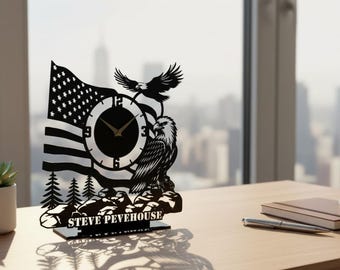 Personalized Eagle Metal Desk Clock, Custom Eagle Table Clock Metal Sign, Man Cave Office Decor, Gift For Military