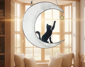 Gato hecho a mano con luna, atrapasol de vitral, adorno para ventana, regalo conmemorativo para amantes de las mascotas
