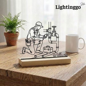 Gepersonaliseerde loodgieter bureau sculptuur, metalen lasergesneden loodgieter pijpen kunst, aangepast naamplaatje loodgieter cadeau decor