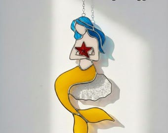 Mermaid Stained Glass Suncatcher, Mermaid Stained Glass Art, Hanging Stained Glass Decor, Mermaid Glass Art, Home Decor