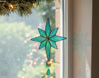 Handgemachter Stern-Weihnachtsbuntglas-Sonnenfänger, blaugrüner himmlischer Fensterschmuck, Stern-Liebhaber-Geschenk, Feiertags-Sonnenfänger