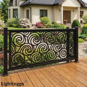 May include: A black metal railing featuring a decorative laser-cut pattern of repeating swirls and spirals. The railing is installed on a wooden deck, with the text "Lightinggo" visible in the bottom left corner of the image.