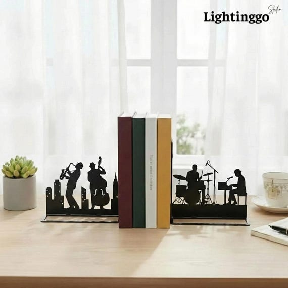 Custom Jazz Music Metal Bookends, Personalized City Silhouette Decor, Saxophone Cello Bookshelf Art, Music Teacher Gift, Musician Ornament