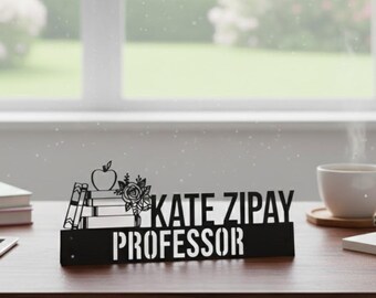 Personalized Professor Desk Name Plate, Custom Teacher Office Sign, Book Metal Office Decor, Name Plaque for Educators