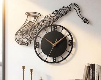 Reloj de pared metálico con forma de saxofón, decoración de música jazz, arte mural de instrumentos musicales, regalo para él.