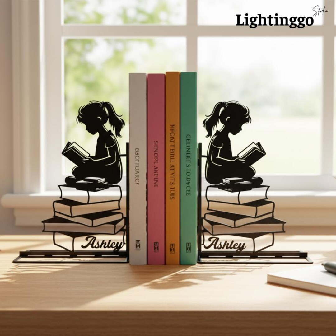 Custom Girl Reading Books Bookends With Name – Personalized Metal Book ...