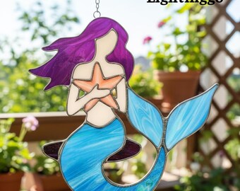 Mermaid Stained Glass Suncatcher, Ocean Window Hanging Decor, Handmade Mermaid Art, Gift for Mermaid Lovers