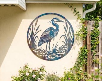 Arte mural de garza en metal, letrero de estanque con flor de loto, decoración de jardín botánico, decoración de aves garza, arte de silueta de insecto