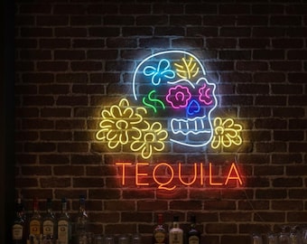 テキーラ ネオン LED 看板 メキシコ パーティー BAR PUB ショット テキーラを飲むメキシコの骸骨の LED サイン、テキーラ メキシコの骸骨