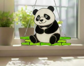サンキャッチャーガラス - パンダ - 手作りステンドグラス風装飾