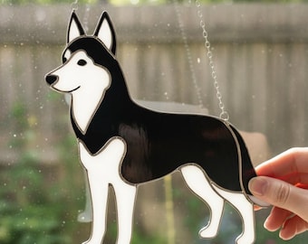 Husky Dog Suncatcher, Dog Window Hanging Decor, Stained Glass Style Pet Ornament, Husky Lover Gift